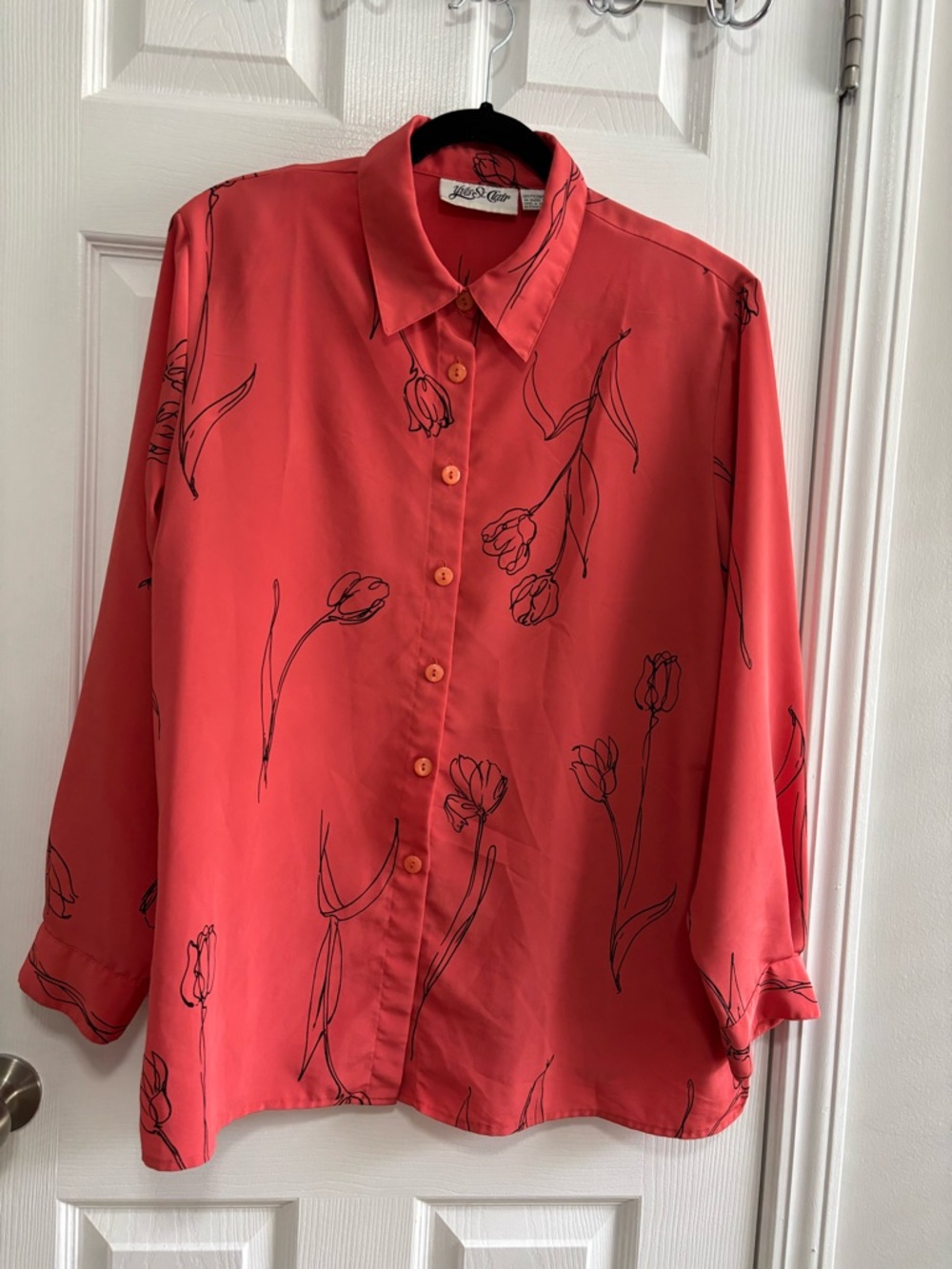 Vintage Yves St. Clair Blouse with Black Floral Line Art & Shoulder Pads